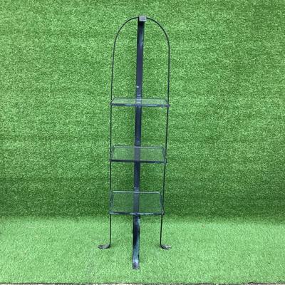 800 Vintage Wrought Iron and Glass Three Tier Shelf