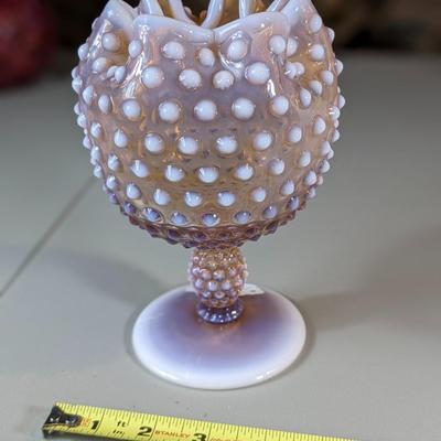Vintage Fenton Glass Vase Pink Bowl Pedestal Hobnail Opalescent
