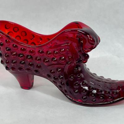 Fenton Hob-nail ruby red glass shoe