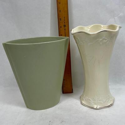 lot of 2 Ceramic Vases - spruce green and ivory with gold trim