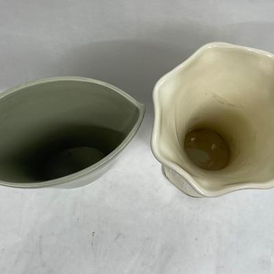 lot of 2 Ceramic Vases - spruce green and ivory with gold trim