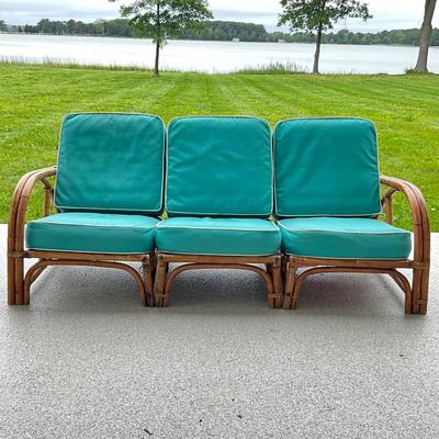 810 Mid Century Modern Rattan Sofa with Original Cushion Covers