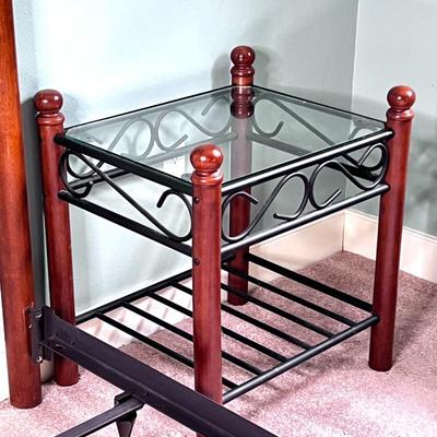 3 Piece Bedroom Set - Ornate Metal/Wood King Sized Bed Frame and 2 Glass Top Nightstands with Wood Posts