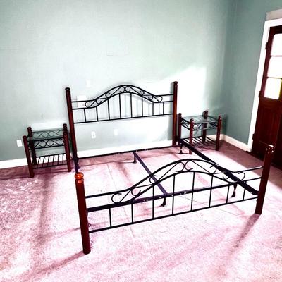 3 Piece Bedroom Set - Ornate Metal/Wood King Sized Bed Frame and 2 Glass Top Nightstands with Wood Posts