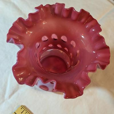 Antique Fenton Hand Blown Cranberry Opalescent Coin Dot Vase with Ruffle Top
