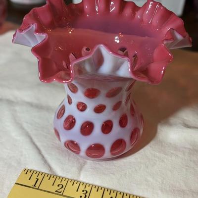 Antique Fenton Hand Blown Cranberry Opalescent Coin Dot Vase with Ruffle Top