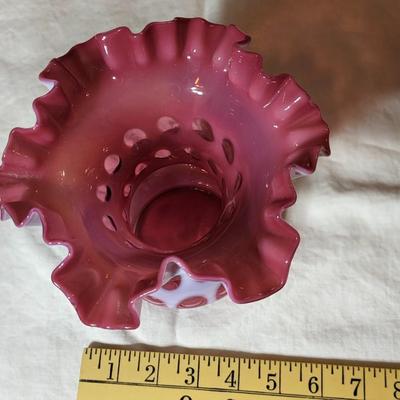 Antique Fenton Hand Blown Cranberry Opalescent Coin Dot Vase with Ruffle Top