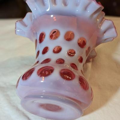Antique Fenton Hand Blown Cranberry Opalescent Coin Dot Vase with Ruffle Top