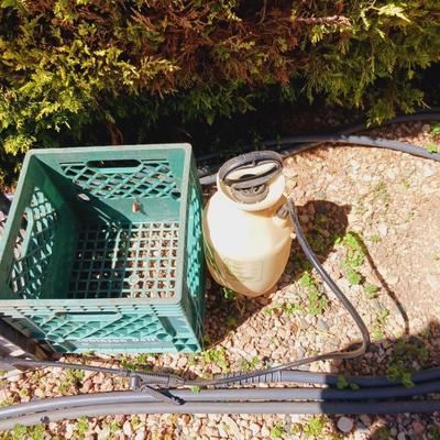 GARDEN HOSE, 2 MILK CRATES AND A WOODEN BOX W/HANDLE