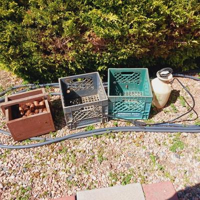 GARDEN HOSE, 2 MILK CRATES AND A WOODEN BOX W/HANDLE