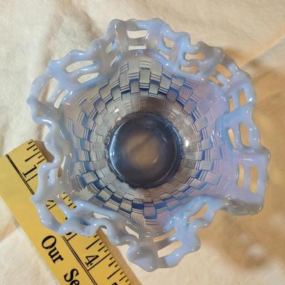 Vintage Fenton Blue Opalescent Glass Basket Weave Bowl Ruffle Edge
