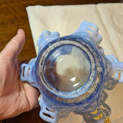Vintage Fenton Blue Opalescent Glass Basket Weave Bowl Ruffle Edge