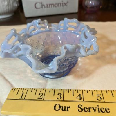 Vintage Fenton Blue Opalescent Glass Basket Weave Bowl Ruffle Edge