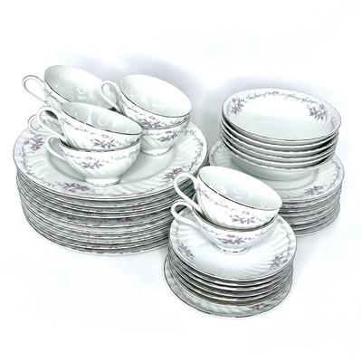 Gold Standard GST1 Fine Porcelain China Set - Pink Flowers and Silver Toned Trim - 39 Piece