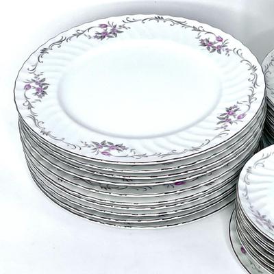 Gold Standard GST1 Fine Porcelain China Set - Pink Flowers and Silver Toned Trim - 39 Piece