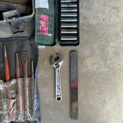 BENCH VISE, STEEL PUNCHES, CHISELS, CRESCENT WRENCH, SOCKETS AND MORE