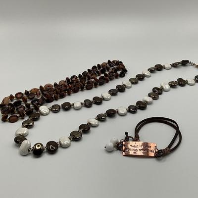 Glass beaded Necklaces, Leather strap bracelet w/cooper read