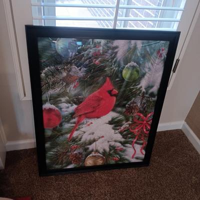 JIGSAW PUZZLE CARDINAL PICTURE, RUBBER BACK RUG, THROW PILLOW AND 5 PLACEMATS