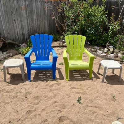 2 ADIRONDACK CHAIRS AND 2 SMALL TABLES