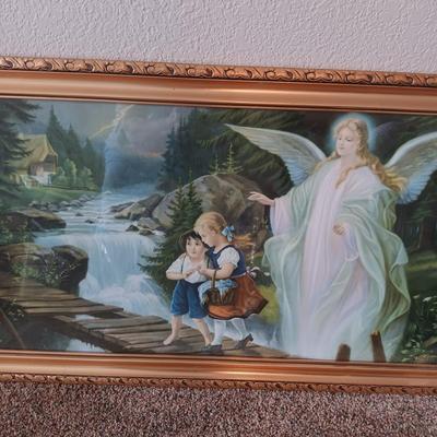 LINDBERG GOLD FRAMED PICTURE OF AN ANGEL WATCHING OVER 2 CHILDREN