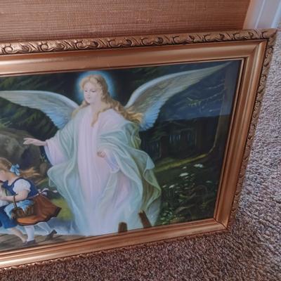 LINDBERG GOLD FRAMED PICTURE OF AN ANGEL WATCHING OVER 2 CHILDREN