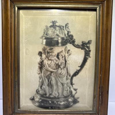 Antique Figural German Stein Print in a Hand Made Wooden Frame Size 5.75" x 7" in Good Preowned Condition.