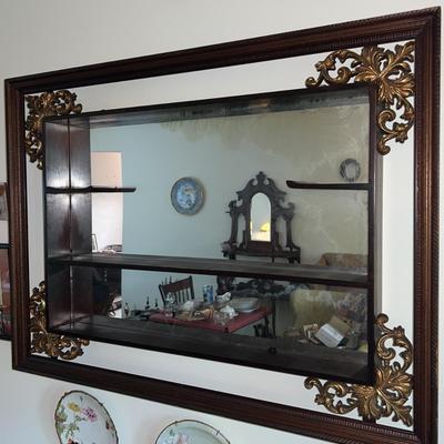 Vintage Mid Century Shadow Box Wall Display Mirror Shelf 38.5" x 28.5" in Good Preowned Condition.