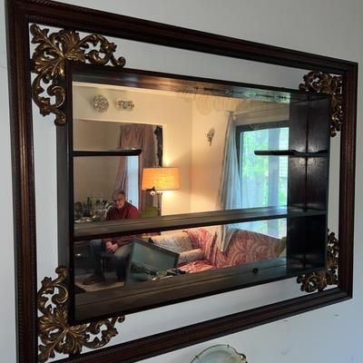 Vintage Mid Century Shadow Box Wall Display Mirror Shelf 38.5" x 28.5" in Good Preowned Condition.