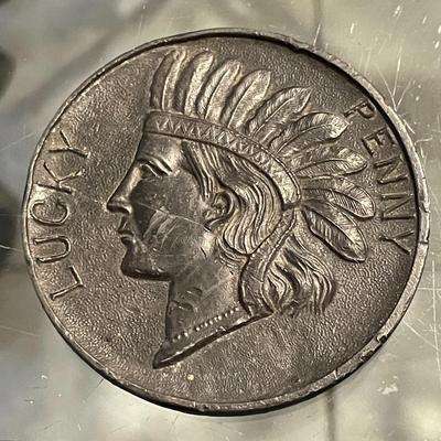 Vintage Atlantic City c1920's New Jersey Lucky Penny Native American Indian Head Large Souvenir Keepsake Memorabilia Token.