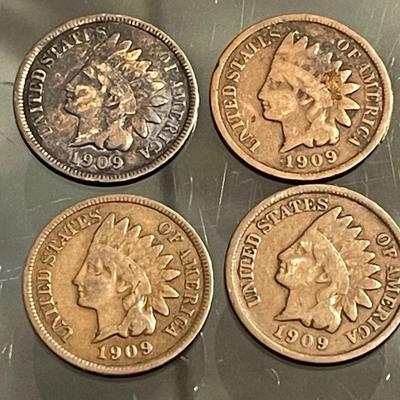 (4) 1909 CIRCULATED CONDITION INDIAN HEAD CENTS AS PICTURED.
