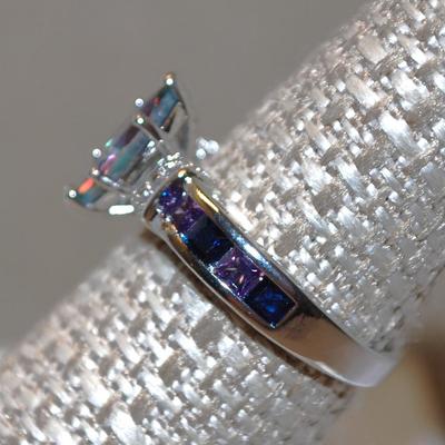 Size 7½ Marquise Cut Iridescent Blue Stone Ring with Side 