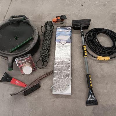 Automotive items - Oil pan - windshield cover - extension cord - rope and more