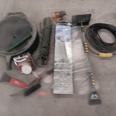 Automotive items - Oil pan - windshield cover - extension cord - rope and more