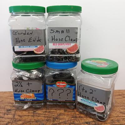 5 plastic lidded containers with hardware - Hose Clamp assortment - Garden hose repair and more