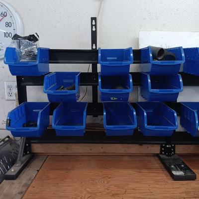Hardware storage rack - bench mount with 10 blue plastic bins (1 of 2)