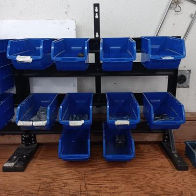 Hardware storage rack - bench mount with 10 blue plastic bins (2 of 2 )