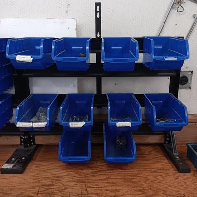 Hardware storage rack - bench mount with 10 blue plastic bins (2 of 2 )