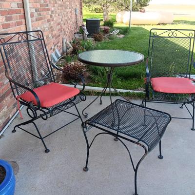 Nice metal patio chairs with end table / footstool and small table