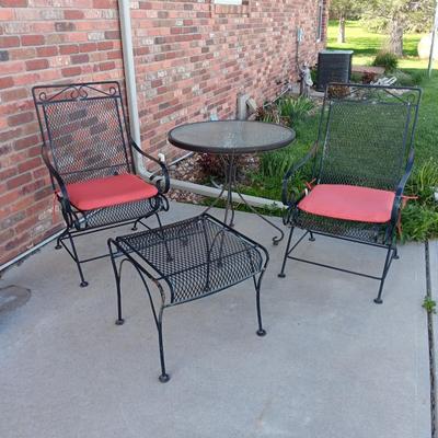 Nice metal patio chairs with end table / footstool and small table