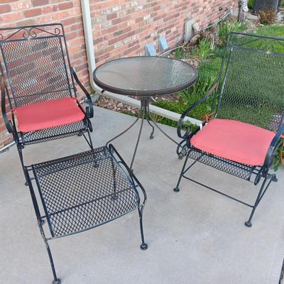 Nice metal patio chairs with end table / footstool and small table