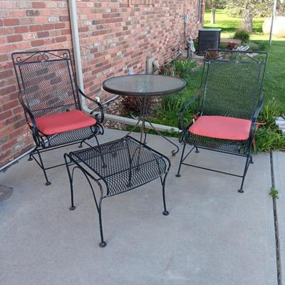Nice metal patio chairs with end table / footstool and small table
