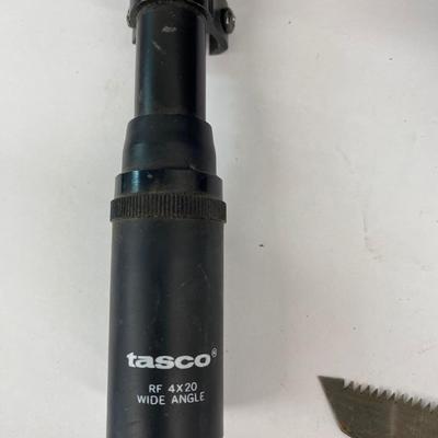 Neat Tasco Scope, with a Nifty Leather Ammo Belt. , and a Folding Saw