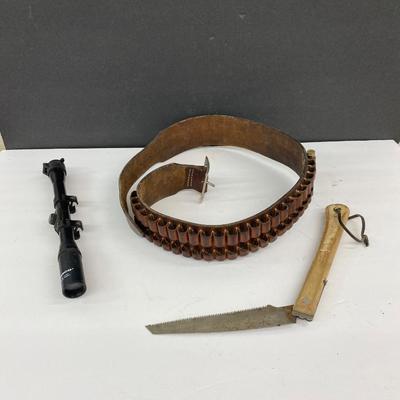 Neat Tasco Scope, with a Nifty Leather Ammo Belt. , and a Folding Saw