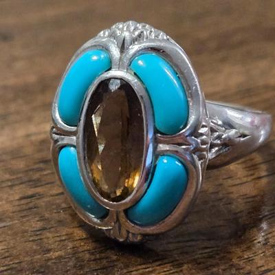 Sterling Silver, Turquoise, & Citrine Ring