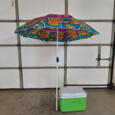 Neon green Rubbermaid cooler and a Fun bright colorful umbrella