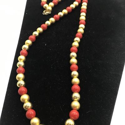 Red and gold tone faux Pearl necklace