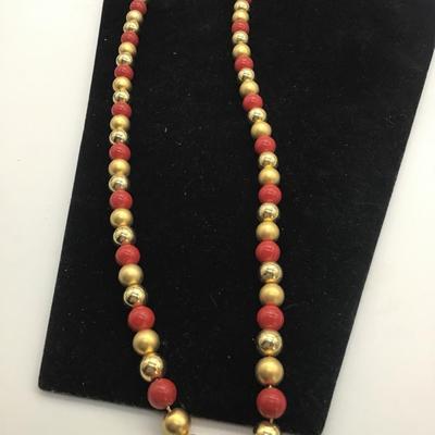 Red and gold tone faux Pearl necklace