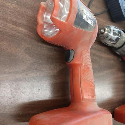 Black & Decker flashlight and drill with batteries and charger