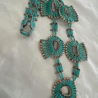 Vintage handmade blue beaded safety pin statement necklace