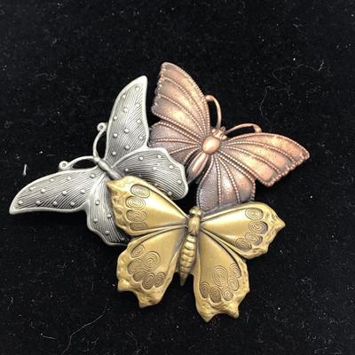Vintage Tri Color Metal Butterfly Brooch Copper Brass Silver Tones Pin (F)